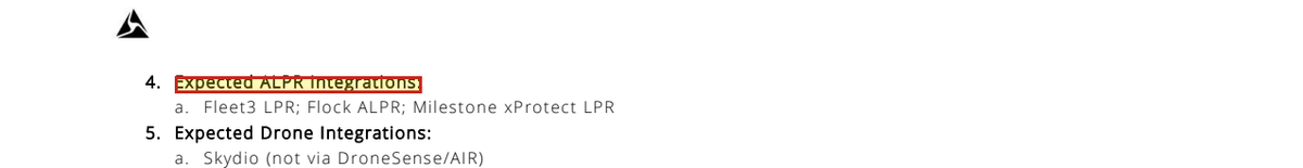 Contract text: Expected ALPR Integrations, Fleet3 LPR, Flock ALPR, Milestone xProtect LPR.