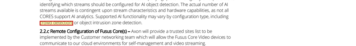 Contract text: supported AI functionality may vary by configuration type, including crowd detection, or object intrusion zone detection.