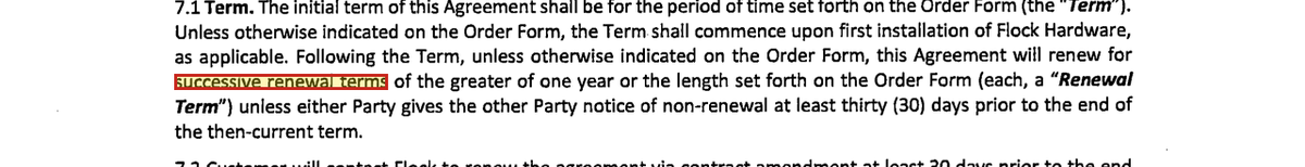 Flock agreement page showing section 7.1, the automatic renewal and non-renewal notice clause.