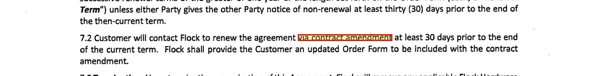 Flock agreement page showing the end of section 7.1 on non-renewal notice and section 7.2 requiring renewal via contract amendment.