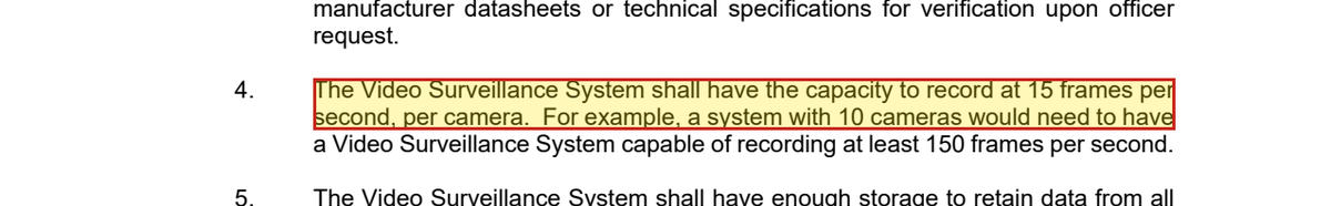 Resolution text setting minimum standards including resolution, storage days and frames per second.