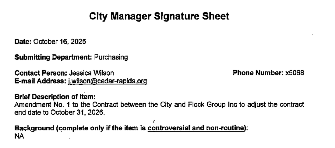City Manager Signature Sheet dated October 16, 2025. Submitting Department: Purchasing. Brief Description of Item: Amendment No. 1 to the Contract between the City and Flock Group Inc to adjust the contract end date to October 31, 2026.