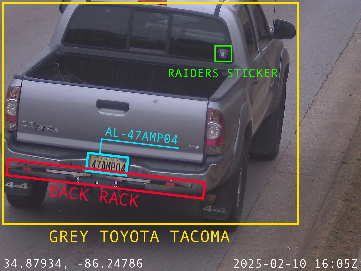 Example of ALPR camera data capture showing a grey Toyota Tacoma with license plate AL-47AMP04, timestamp 2025-02-10 16:05Z, GPS coordinates, and detected vehicle details including stickers and modifications